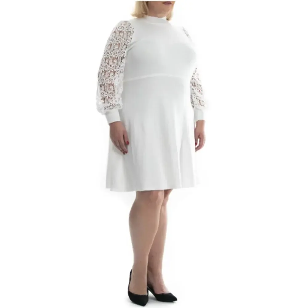 New ~ NINA LEONARD ~ Mockneck Lace-Sleeve Sweater Dress Size 2X White